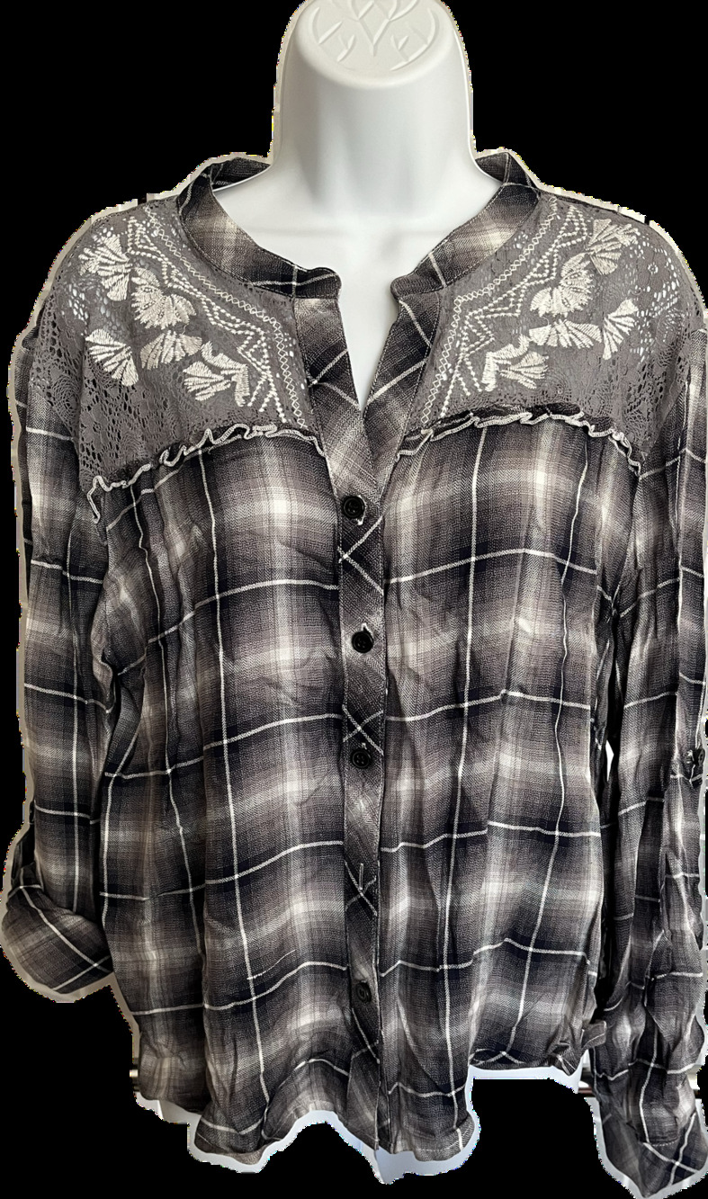 Hazel Lisa plaid long sleeve lace button up top black white medium NWT
